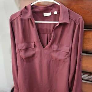 New York & Company Burgundy V-Neck Blouse